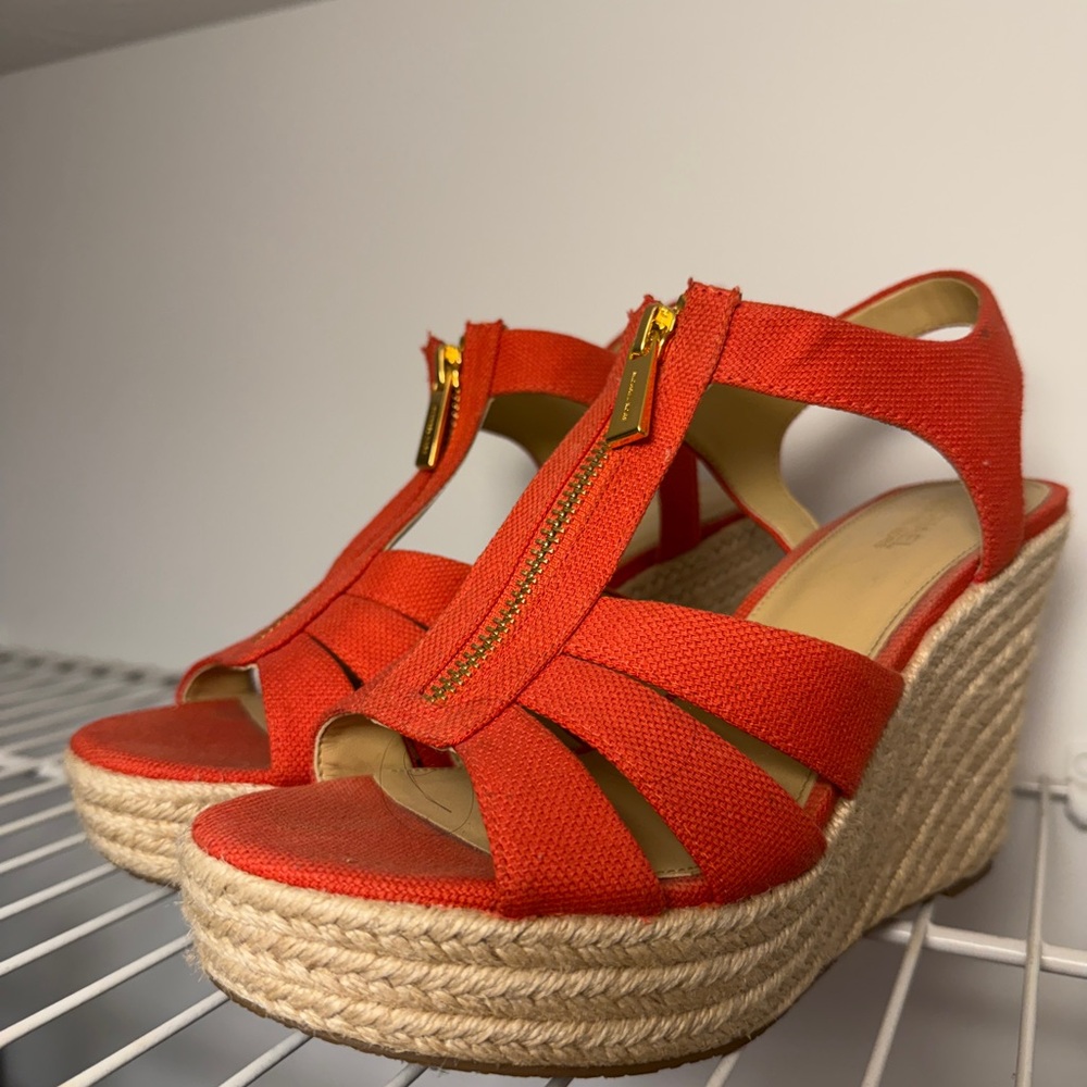 MICHAEL Michael Kors Orange Espadrille Wedge Sandals with Gold Zip Detail